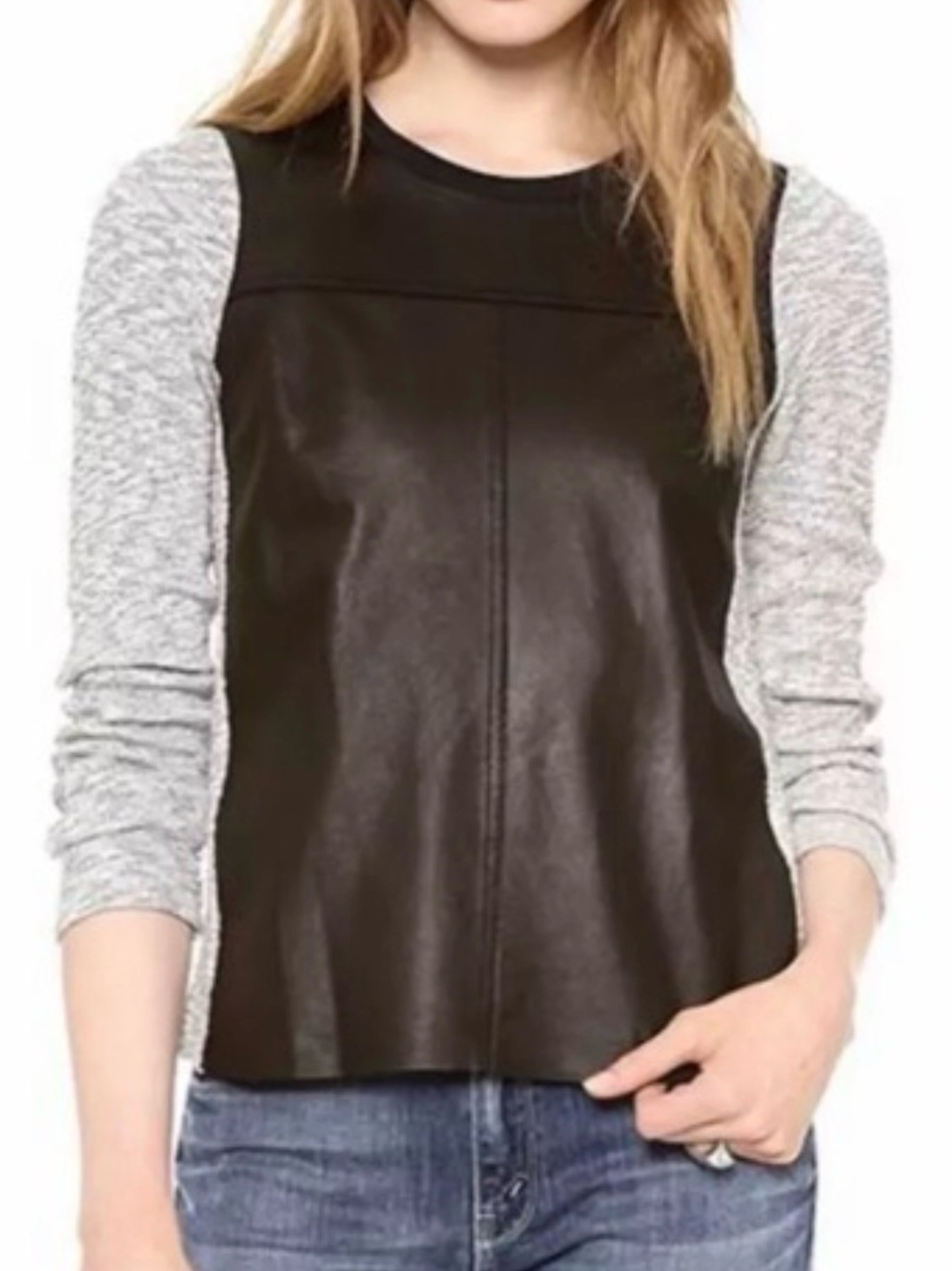 Rebecca Taylor Lamb Leather Front Mixed Media Top Gray Knit Exposed Zipper S